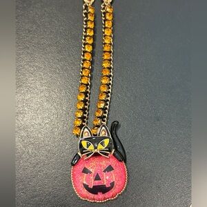 NWT Betsey Johnson Black Cat Pink Pumpkin Necklace Halloween